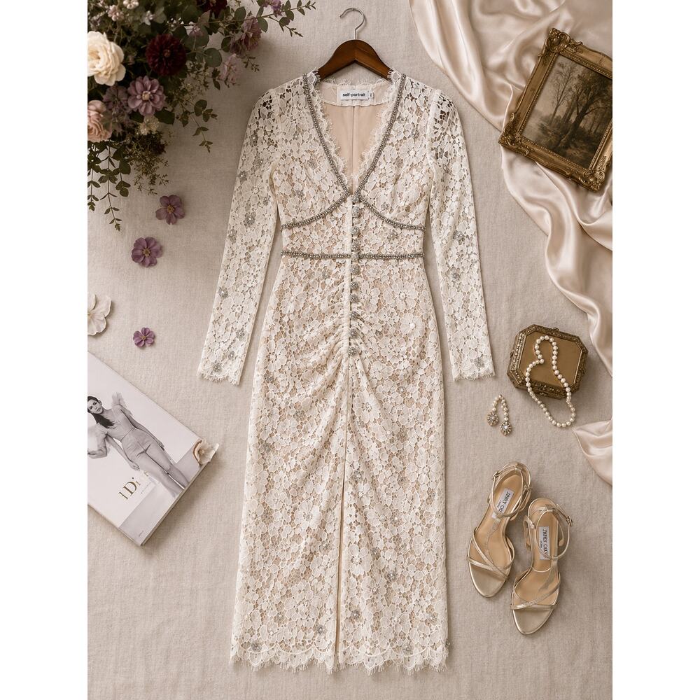 Self-Portrait Crystal Embellished Cord Lace Midi Dress Ivory Bridal US 8 - Picture 4 of 16
